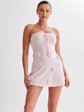 Meshki Strapless Pink Textured Mini Dress with Floral Appliqués